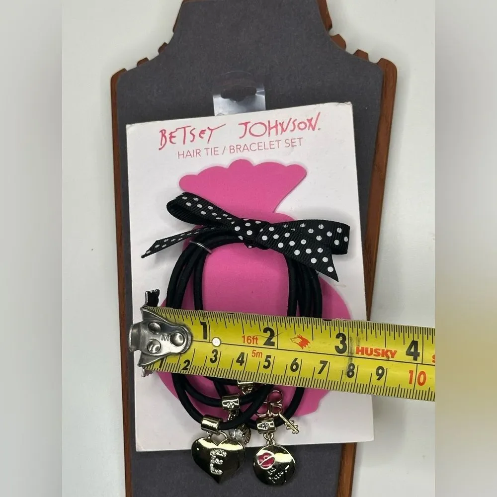 Betsey Johnson Hair Tie Bracelet Set | Black with Gold & Crystal Charms | NWT